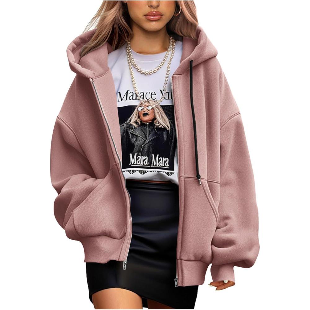 imagePRETTYGARDEN Womens 2025 Fall Oversized Hoodies Sweatshirt Long Sleeve Zip Up Pockets Loose Fit Y2K Winter Jackets Coat Dusty PinkXXLarge