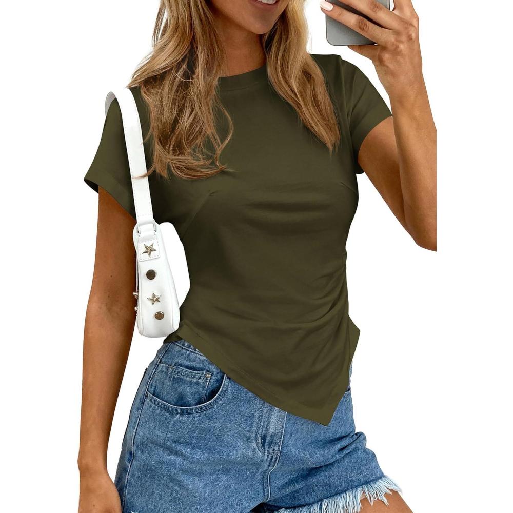 imagePRETTYGARDEN Womens Asymmetrical Tops 2026 Spring Summer Going Out Shirts Y2K Short Sleeve Crew Neck Ruched Trendy ClothesArmy Green