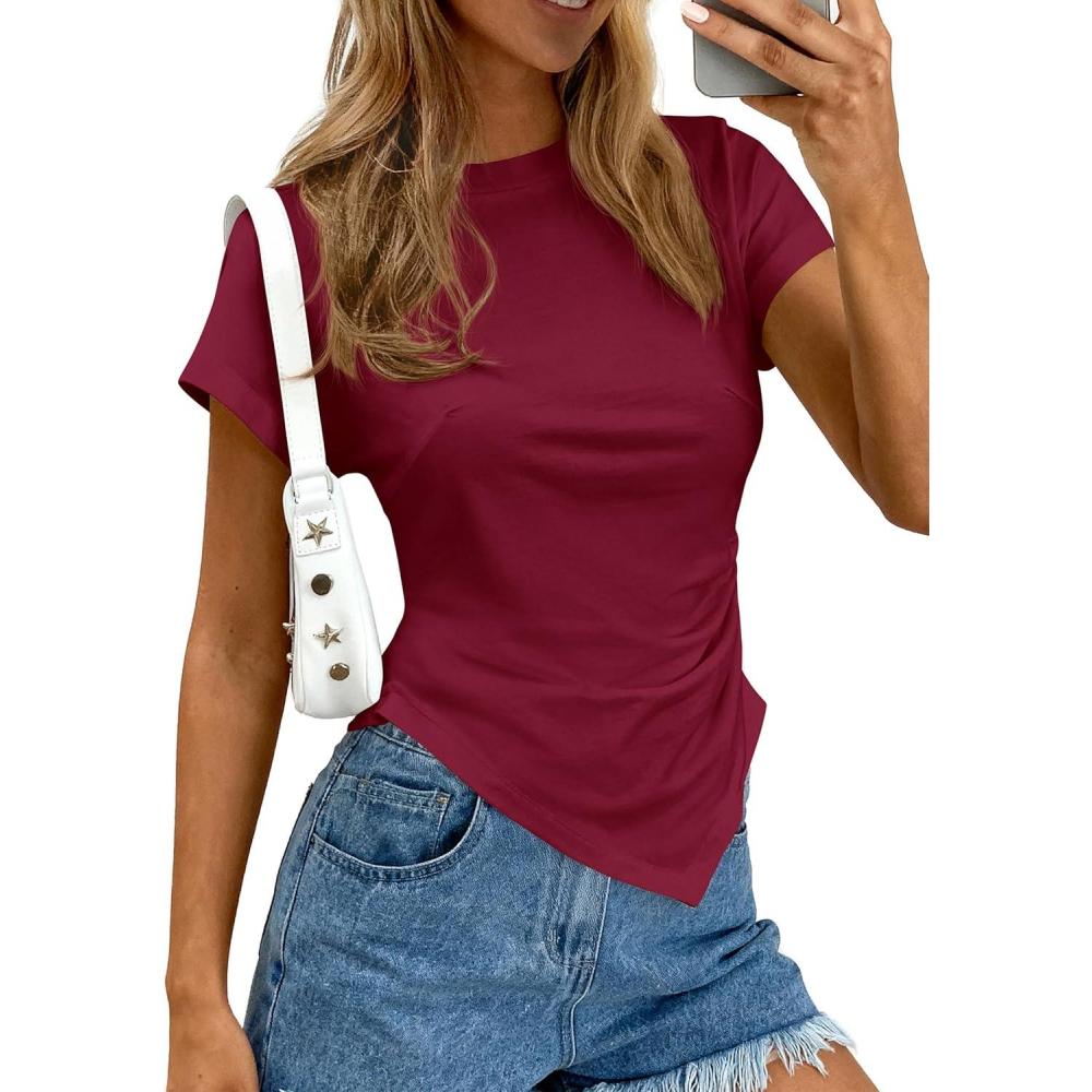 imagePRETTYGARDEN Womens Asymmetrical Tops 2026 Spring Summer Going Out Shirts Y2K Short Sleeve Crew Neck Ruched Trendy ClothesWine Red