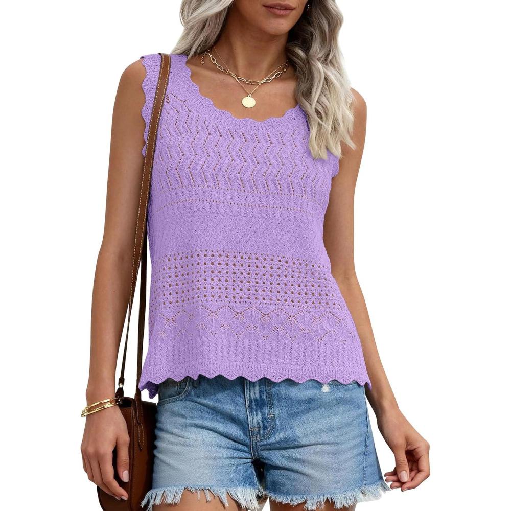 imagePRETTYGARDEN Womens Crochet Tank Tops 2026 Summer Spring Boho Sleeveless Cute Knit Sweater Vest Trendy Beach Vacation ClothesPurple