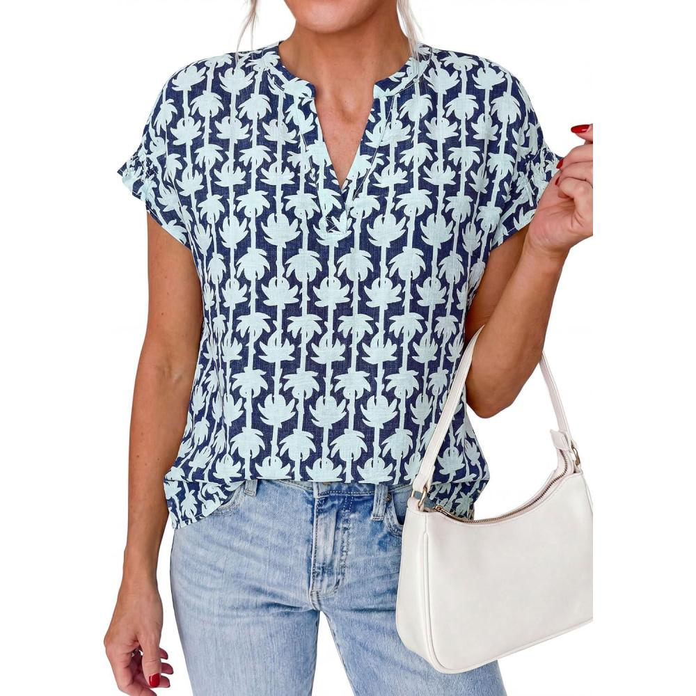 imagePRETTYGARDEN Womens Floral Print Short Sleeve Summer Tops 2026 Trendy V Neck Loose Boho Shirts Casual Work BlousesFloral Navy Blue