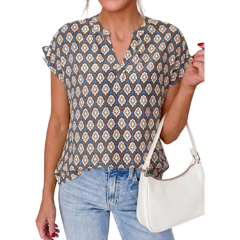 imagePRETTYGARDEN Womens Floral Print Short Sleeve Summer Tops 2026 Trendy V Neck Loose Boho Shirts Casual Work BlousesGrey Blue