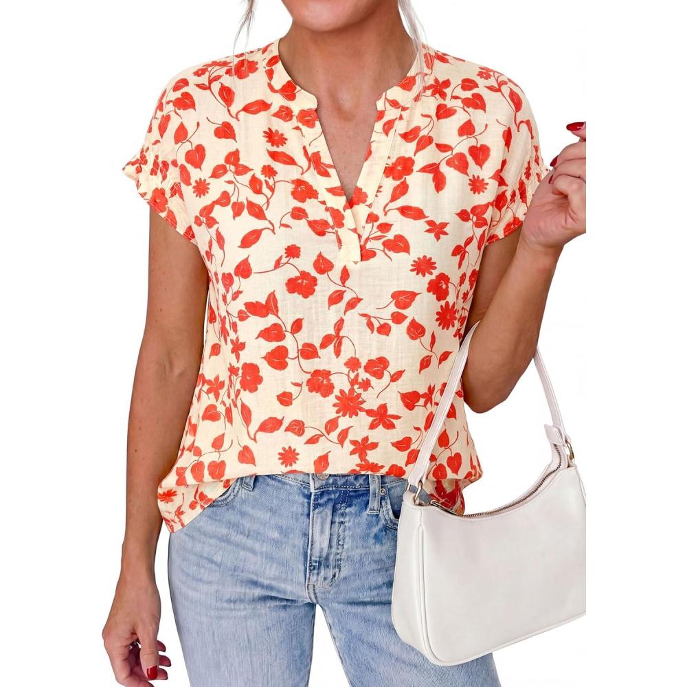 imagePRETTYGARDEN Womens Floral Print Short Sleeve Summer Tops 2026 Trendy V Neck Loose Boho Shirts Casual Work BlousesLight Apricot Orange Flower