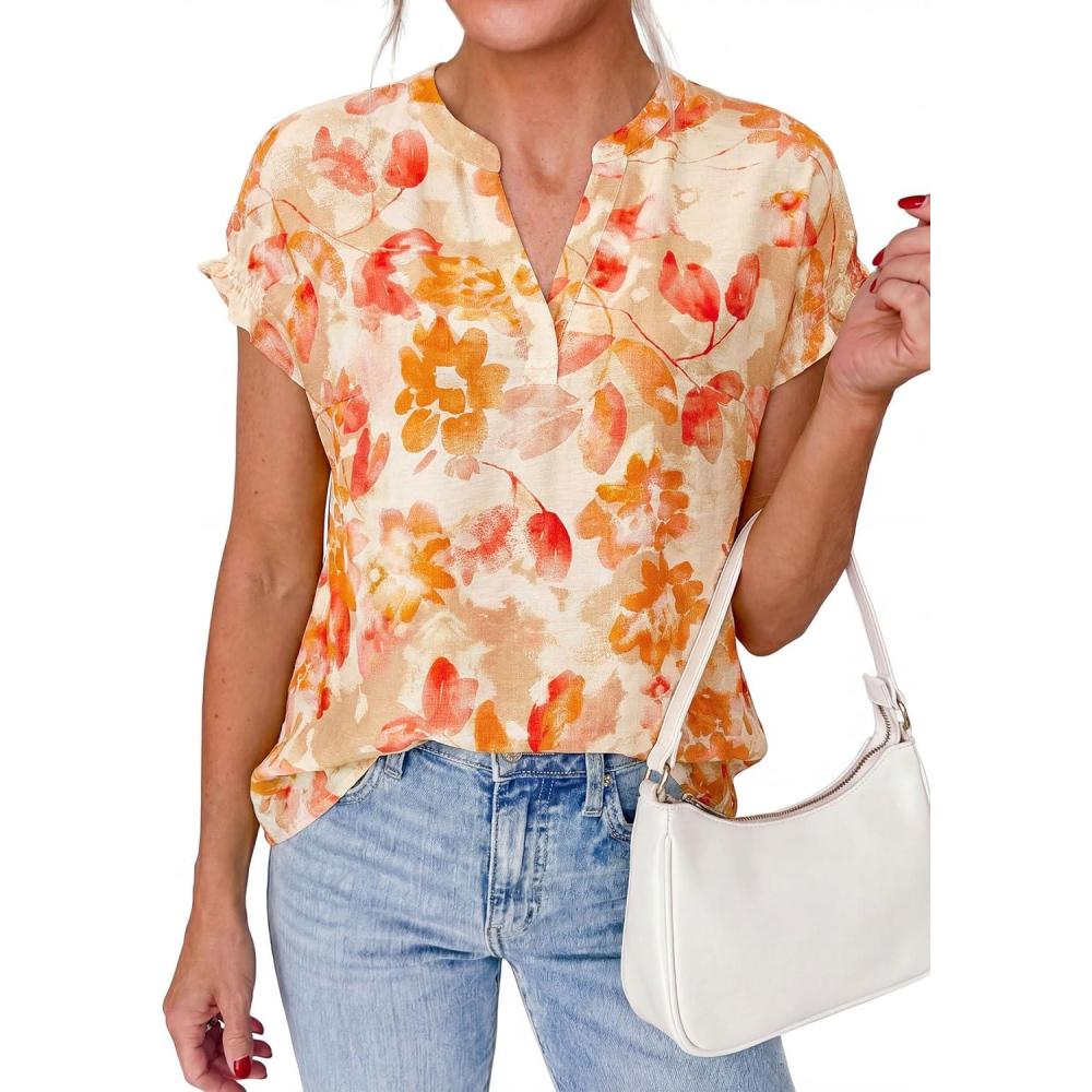 imagePRETTYGARDEN Womens Floral Print Short Sleeve Summer Tops 2026 Trendy V Neck Loose Boho Shirts Casual Work BlousesOrange