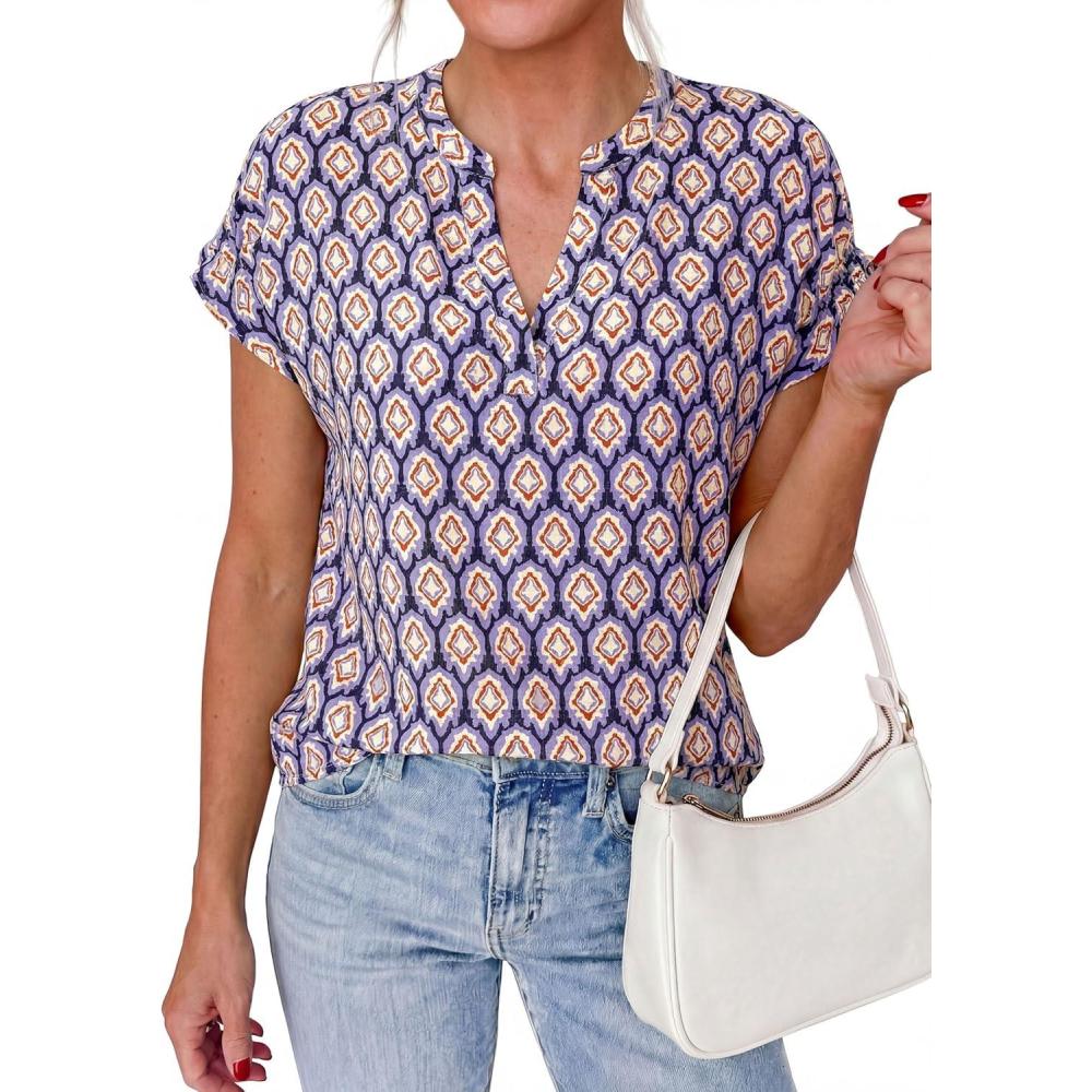 imagePRETTYGARDEN Womens Floral Print Short Sleeve Summer Tops 2026 Trendy V Neck Loose Boho Shirts Casual Work BlousesPurple