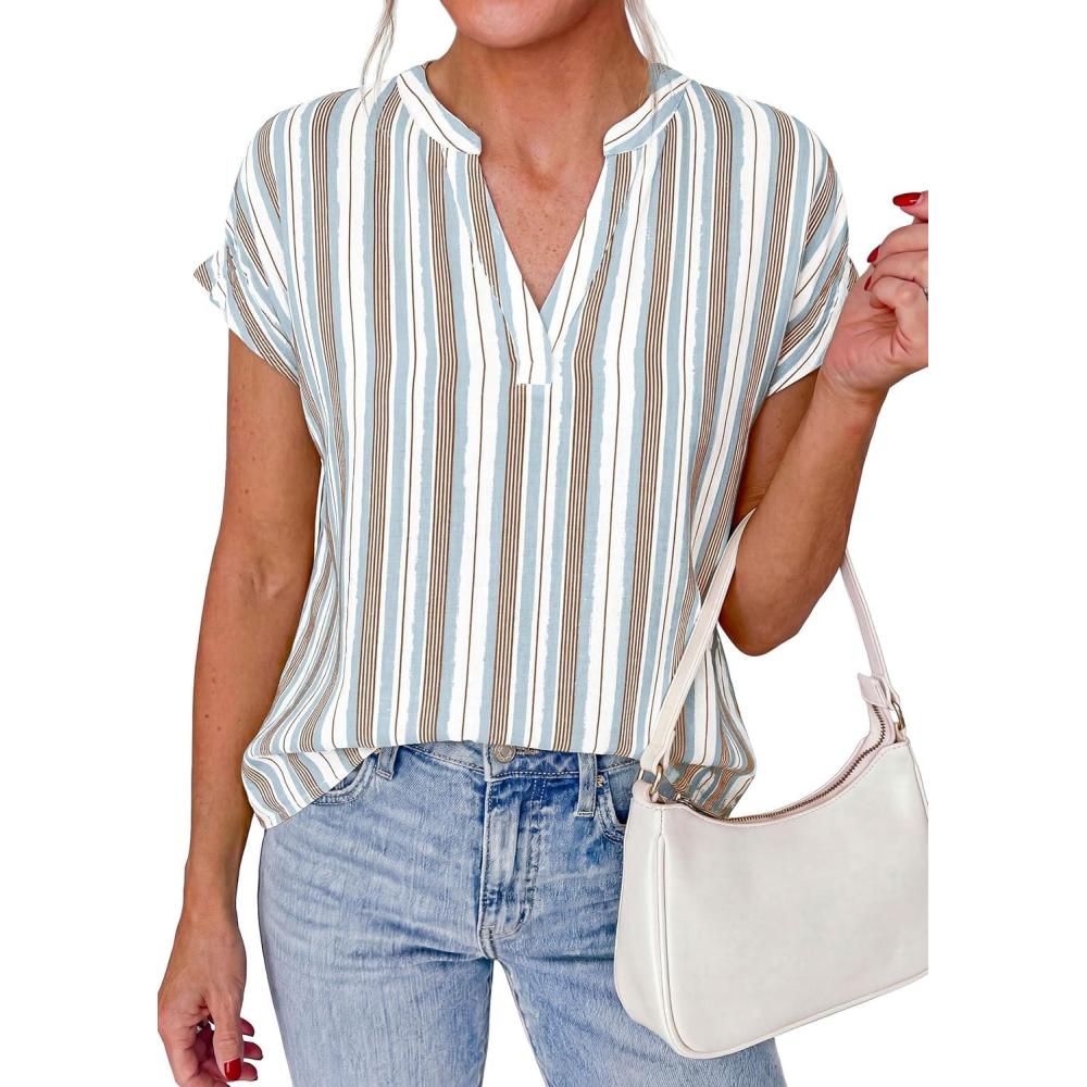 imagePRETTYGARDEN Womens Floral Print Short Sleeve Summer Tops 2026 Trendy V Neck Loose Boho Shirts Casual Work BlousesStriped White Red Brown