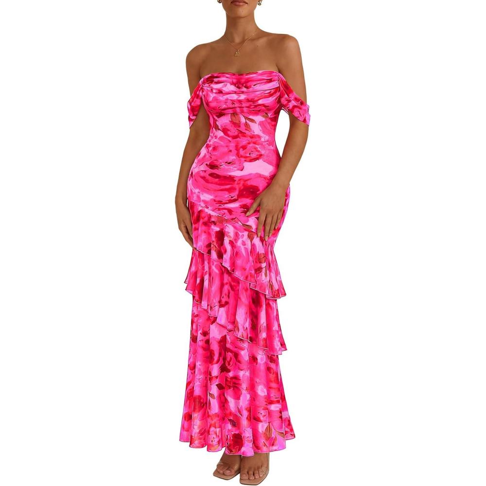 imagePRETTYGARDEN Womens Formal Cocktail Maxi Dresses 2026 Summer Off Shoulder Floral Mesh Bodycon Spring Wedding Guest DressFloral Pink