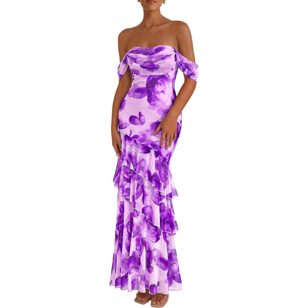 imagePRETTYGARDEN Womens Formal Cocktail Maxi Dresses 2026 Summer Off Shoulder Floral Mesh Bodycon Spring Wedding Guest DressFloral Purple