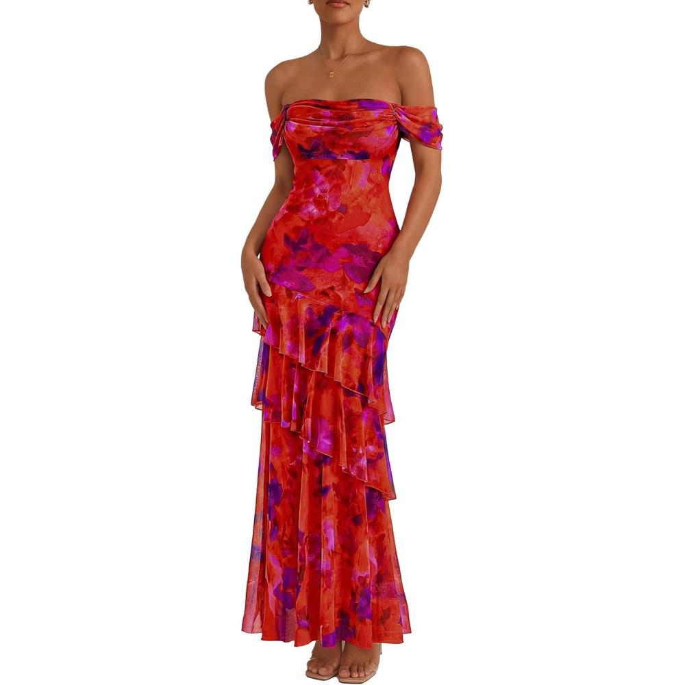 imagePRETTYGARDEN Womens Formal Cocktail Maxi Dresses 2026 Summer Off Shoulder Floral Mesh Bodycon Spring Wedding Guest DressFloral Red