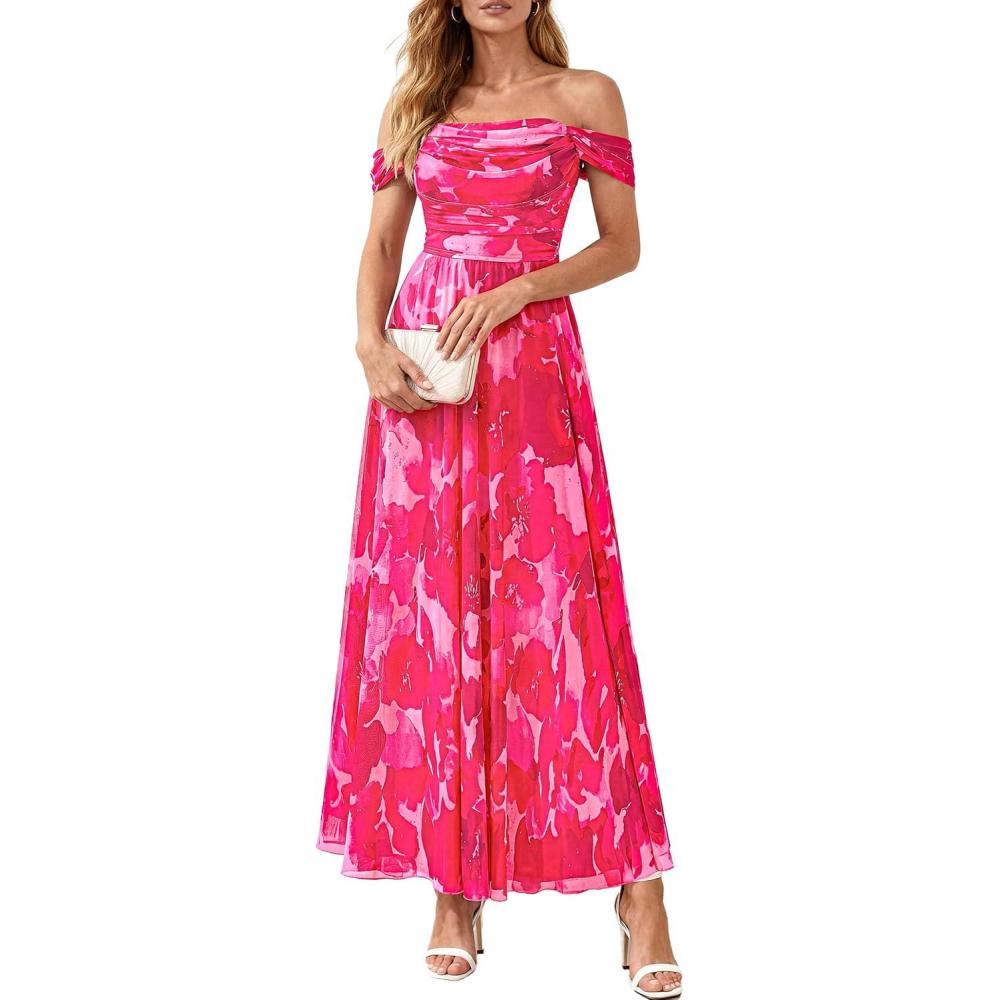 imagePRETTYGARDEN Womens Off Shoulder Maxi Summer Dresses 2026 Elegant Mesh Aline Swing Ruched Flowy Cocktail Wedding Guest DressFloral Rose Red