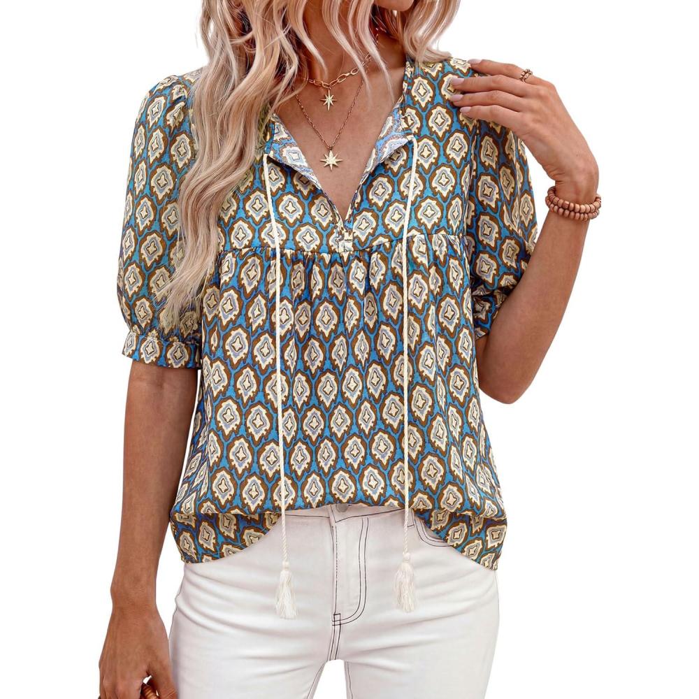 imagePRETTYGARDEN Womens Summer Boho Tops 2026 Vacation Outfits Casual Tie Front V Neck Peasant Blouses Puff Short Sleeve ShirtsBlue
