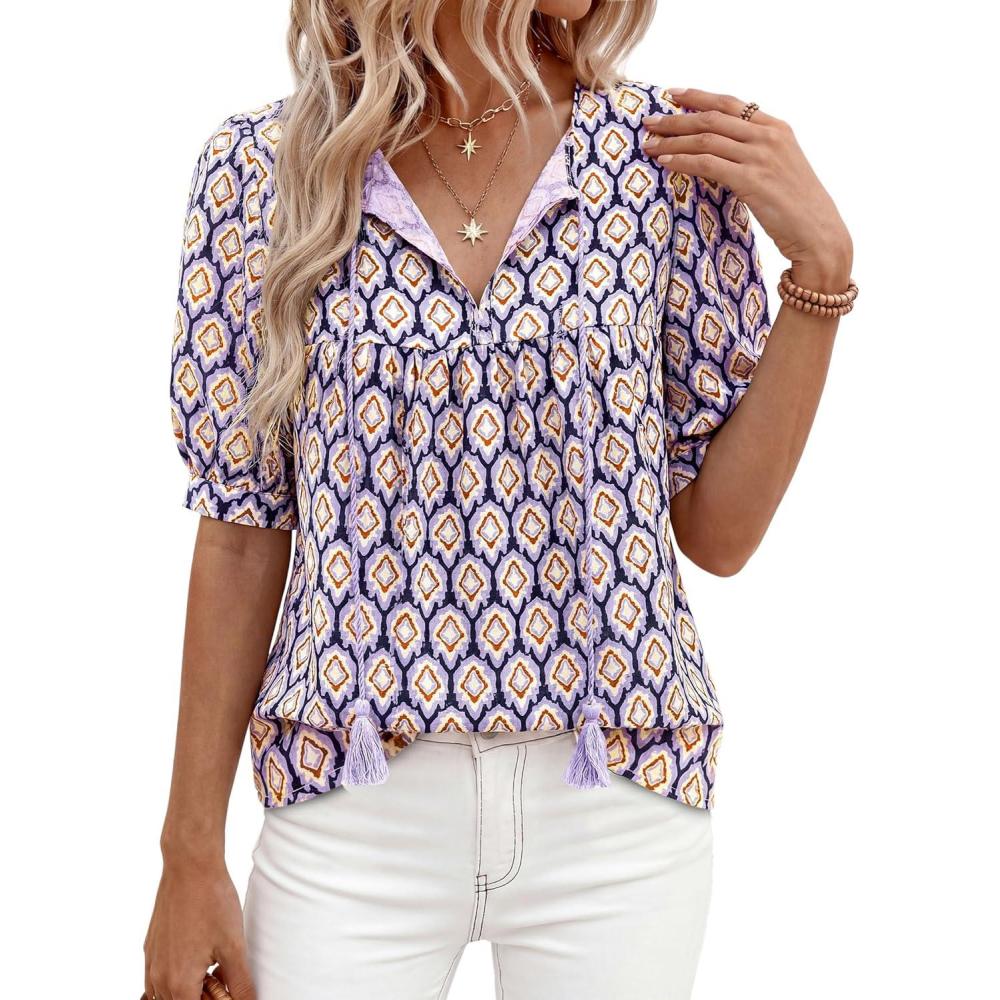 imagePRETTYGARDEN Womens Summer Boho Tops 2026 Vacation Outfits Casual Tie Front V Neck Peasant Blouses Puff Short Sleeve ShirtsPurple
