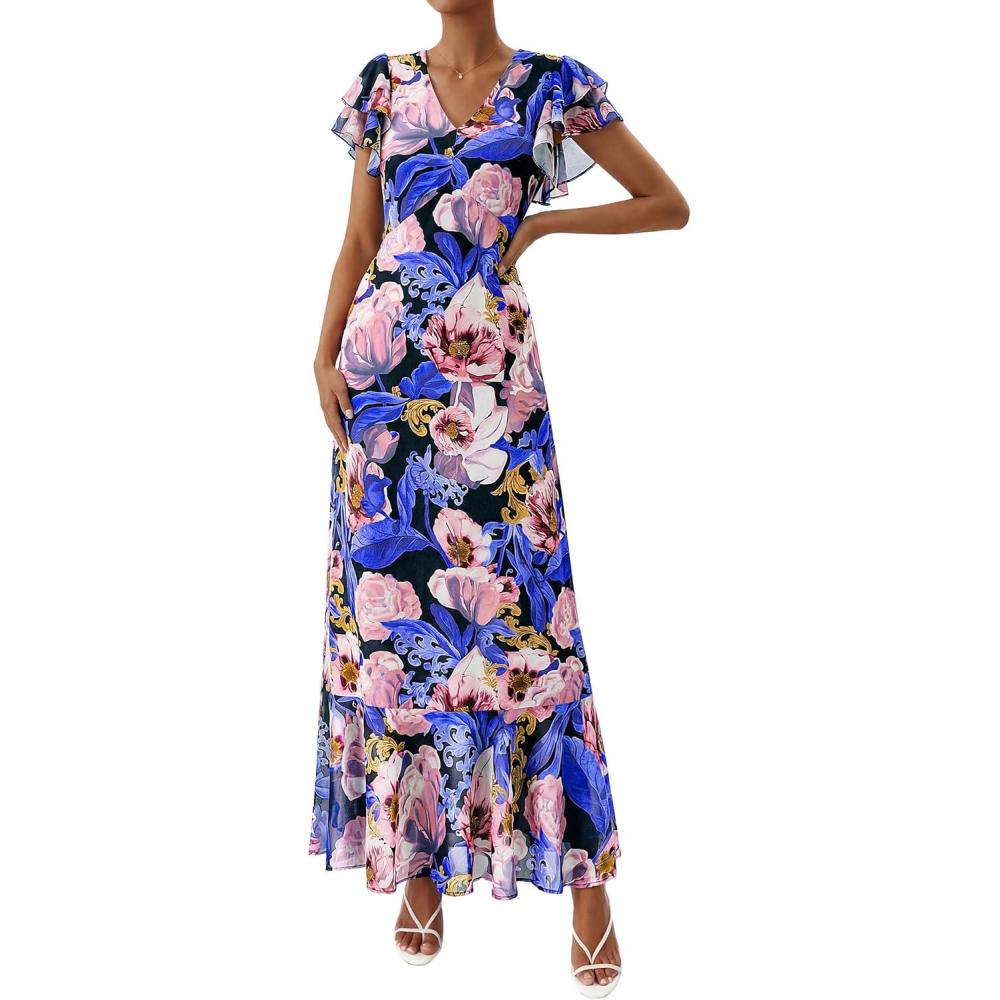 imagePRETTYGARDEN Womens Summer Floral Maxi Dresses 2026 Spring Short Sleeve Ruffle V Neck Flowy Boho Long Beach Vacation SundressBlack Pink Flower