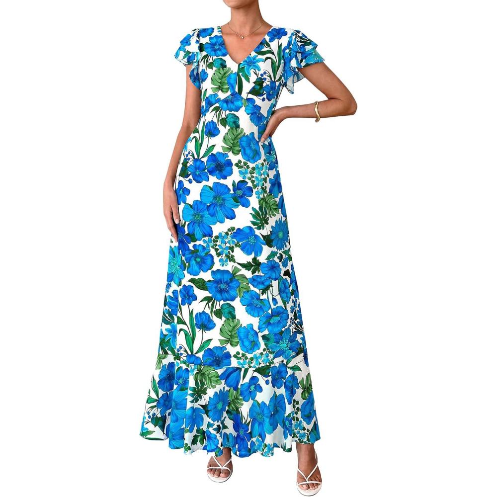 imagePRETTYGARDEN Womens Summer Floral Maxi Dresses 2026 Spring Short Sleeve Ruffle V Neck Flowy Boho Long Beach Vacation SundressFloral Blue