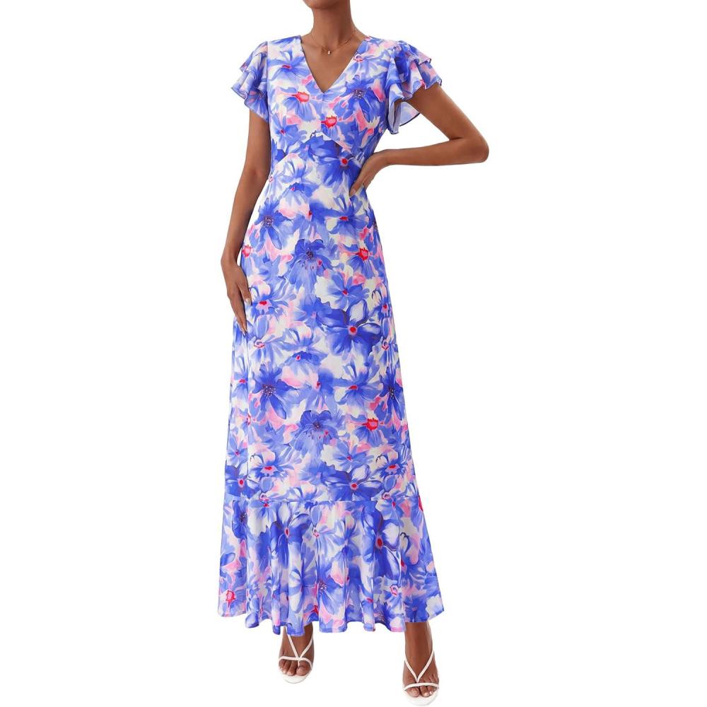 imagePRETTYGARDEN Womens Summer Floral Maxi Dresses 2026 Spring Short Sleeve Ruffle V Neck Flowy Boho Long Beach Vacation SundressFloral Purple