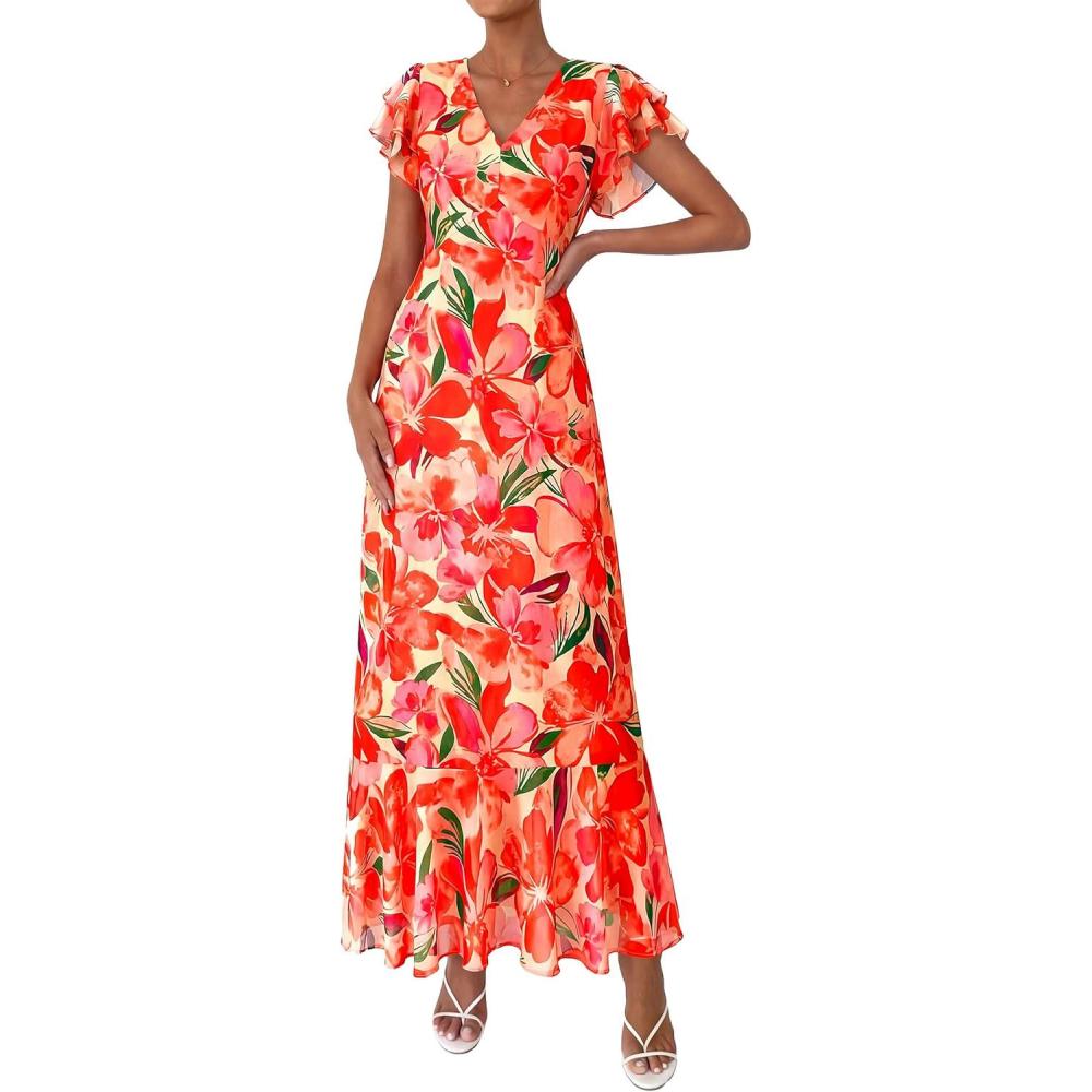 imagePRETTYGARDEN Womens Summer Floral Maxi Dresses 2026 Spring Short Sleeve Ruffle V Neck Flowy Boho Long Beach Vacation SundressPrint Orange