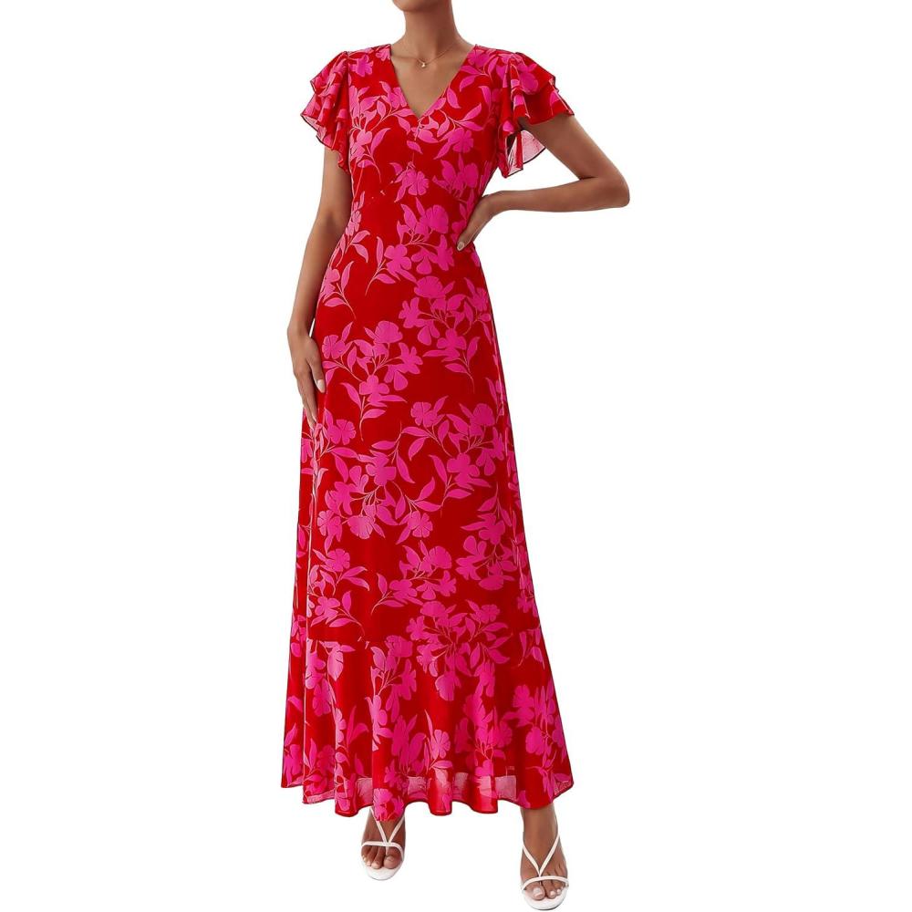 imagePRETTYGARDEN Womens Summer Floral Maxi Dresses 2026 Spring Short Sleeve Ruffle V Neck Flowy Boho Long Beach Vacation SundressRed Floral