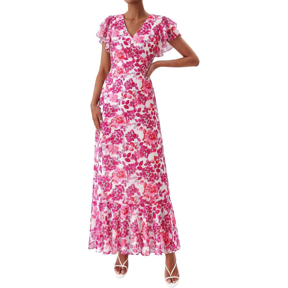 imagePRETTYGARDEN Womens Summer Floral Maxi Dresses 2026 Spring Short Sleeve Ruffle V Neck Flowy Boho Long Beach Vacation SundressRose Red Floral