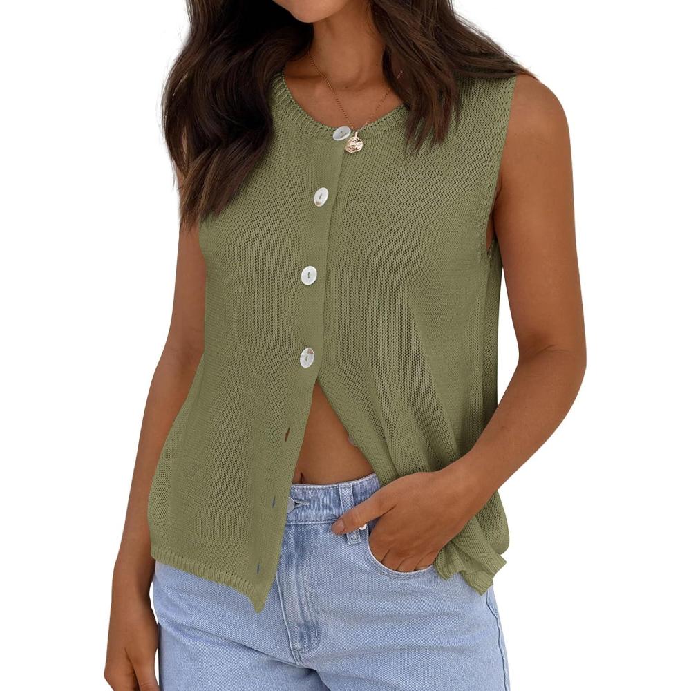 imagePRETTYGARDEN Womens Sweater Vest 2026 Spring Tops Cute Summer Sleeveless Cardigan Casual Knit Button Up Tank TopsArmy Green