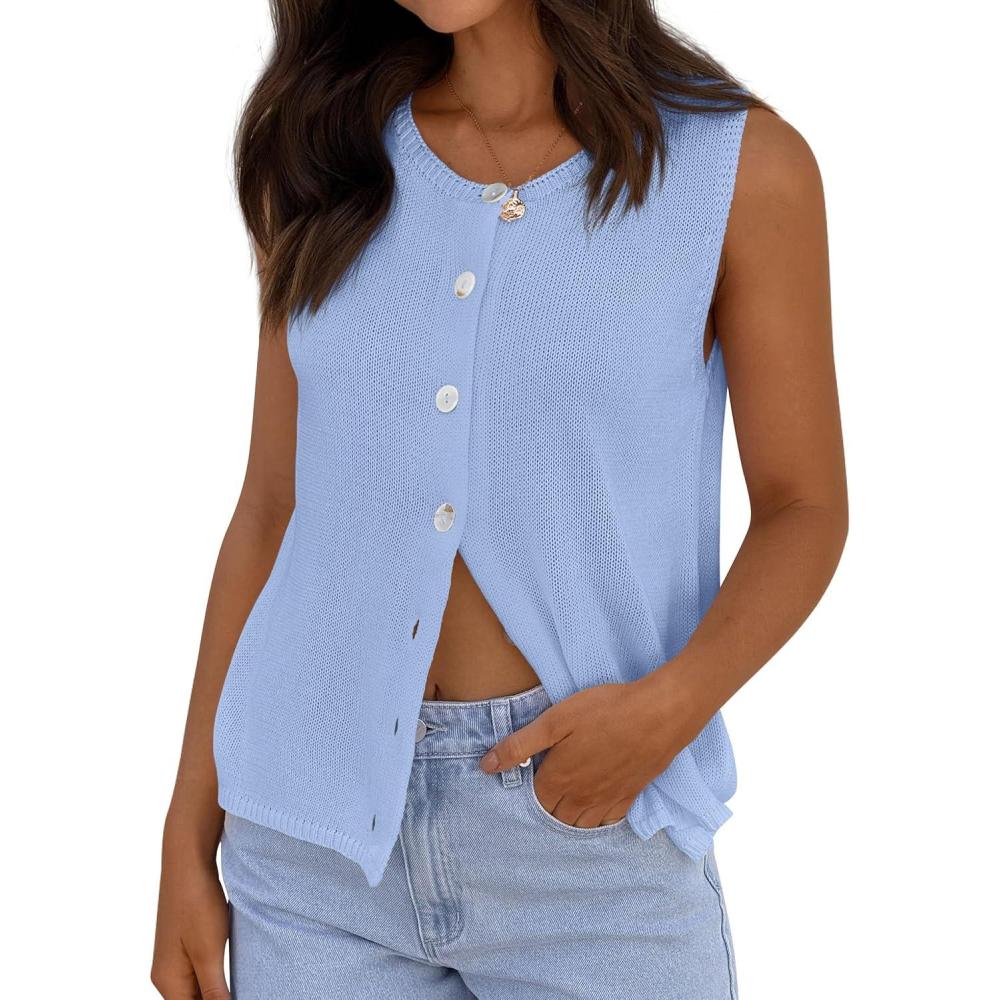 imagePRETTYGARDEN Womens Sweater Vest 2026 Spring Tops Cute Summer Sleeveless Cardigan Casual Knit Button Up Tank TopsLight Blue