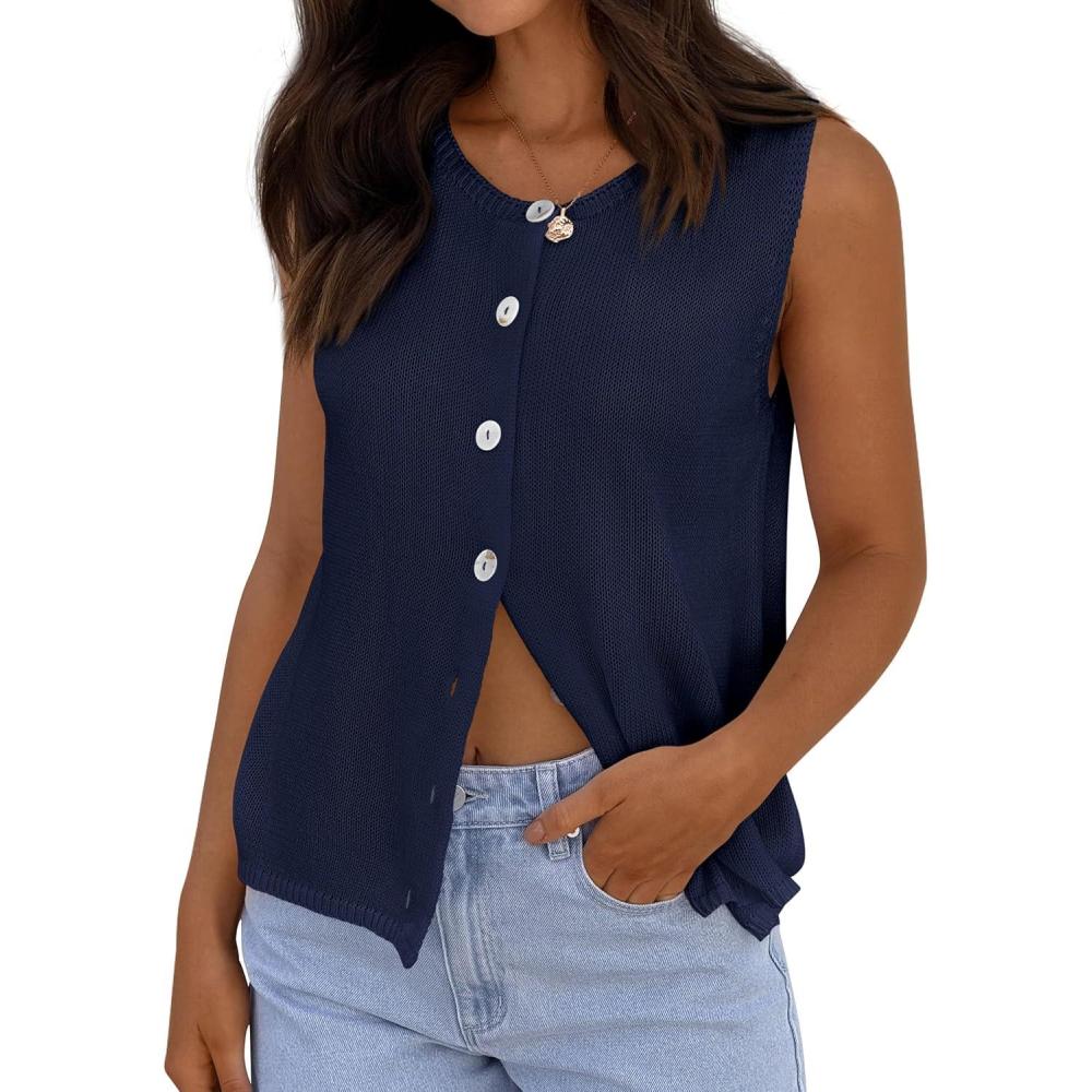 imagePRETTYGARDEN Womens Sweater Vest 2026 Spring Tops Cute Summer Sleeveless Cardigan Casual Knit Button Up Tank TopsNavy Blue
