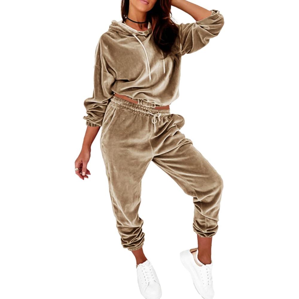 imagePRETTYGARDEN Womens Velour Tracksuits Set Hooded Pullover Sweatpants Long Sleeve 2 Piece Joggers Outfits ApricotMedium