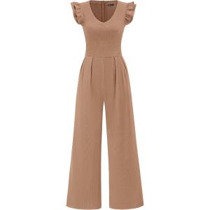 PRETTYGARDEN One Piece Jumpsuits For Women Dressy Ruffle Cap Sleeve V Neck Ribbed Knit Wide Leg Romper Casual Spring Outfits(Khaki)