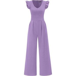 PRETTYGARDEN One Piece Jumpsuits For Women Dressy Ruffle Cap Sleeve V Neck Ribbed Knit Wide Leg Romper Casual Spring Outfits(Light Purple)