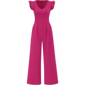 PRETTYGARDEN One Piece Jumpsuits For Women Dressy Ruffle Cap Sleeve V Neck Ribbed Knit Wide Leg Romper Casual Spring Outfits(Rose Red)