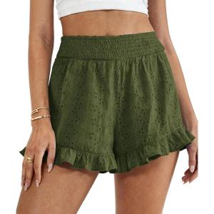 PRETTYGARDEN Shorts for Women Summer 2026 Beach Vacation Clothes Spring Elastic Waist Embroidered Ruffle Shorts with Pockets(Army Green)