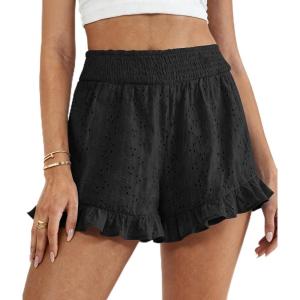 PRETTYGARDEN Shorts for Women Summer 2026 Beach Vacation Clothes Spring Elastic Waist Embroidered Ruffle Shorts with Pockets(Black)
