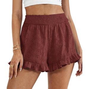 PRETTYGARDEN Shorts for Women Summer 2026 Beach Vacation Clothes Spring Elastic Waist Embroidered Ruffle Shorts with Pockets(Brick Red)