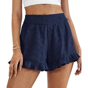 PRETTYGARDEN Shorts for Women Summer 2026 Beach Vacation Clothes Spring Elastic Waist Embroidered Ruffle Shorts with Pockets(Navy)