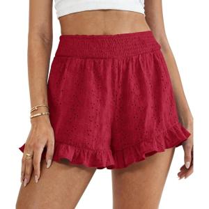 PRETTYGARDEN Shorts for Women Summer 2026 Beach Vacation Clothes Spring Elastic Waist Embroidered Ruffle Shorts with Pockets(Red)