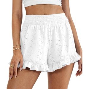 PRETTYGARDEN Shorts for Women Summer 2026 Beach Vacation Clothes Spring Elastic Waist Embroidered Ruffle Shorts with Pockets(White)