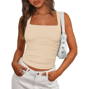 PRETTYGARDEN Tank Top for Women 2026 Summer Sleeveless Square Neck Double Lined Ruched Crop Tops Spring Going Out Y2k Clothes(Apricot)