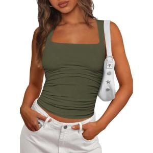 PRETTYGARDEN Tank Top for Women 2026 Summer Sleeveless Square Neck Double Lined Ruched Crop Tops Spring Going Out Y2k Clothes(Army Green)