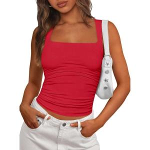 PRETTYGARDEN Tank Top for Women 2026 Summer Sleeveless Square Neck Double Lined Ruched Crop Tops Spring Going Out Y2k Clothes(Red)