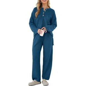 PRETTYGARDEN Women’s 2 Piece Tracksuit Outfits 2024 Fall Knit Sweater And Wide Leg Pants Sweatsuit Lounge Sets (Lake Blue,Large)