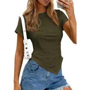 PRETTYGARDEN Womens Asymmetrical Tops 2026 Spring Summer Going Out Shirts Y2K Short Sleeve Crew Neck Ruched Trendy Clothes(Army Green)