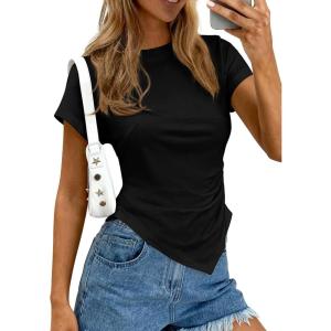 PRETTYGARDEN Womens Asymmetrical Tops 2026 Spring Summer Going Out Shirts Y2K Short Sleeve Crew Neck Ruched Trendy Clothes(Black)