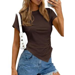 PRETTYGARDEN Womens Asymmetrical Tops 2026 Spring Summer Going Out Shirts Y2K Short Sleeve Crew Neck Ruched Trendy Clothes(Brown)