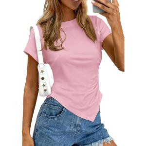 PRETTYGARDEN Womens Asymmetrical Tops 2026 Spring Summer Going Out Shirts Y2K Short Sleeve Crew Neck Ruched Trendy Clothes(Pink)