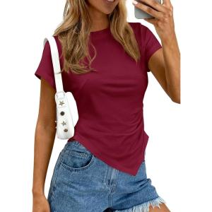 PRETTYGARDEN Womens Asymmetrical Tops 2026 Spring Summer Going Out Shirts Y2K Short Sleeve Crew Neck Ruched Trendy Clothes(Wine Red)