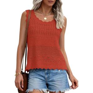 PRETTYGARDEN Womens Crochet Tank Tops 2026 Summer Spring Boho Sleeveless Cute Knit Sweater Vest Trendy Beach Vacation Clothes(Rust Red)