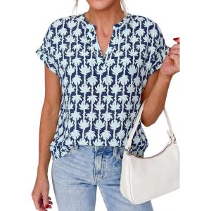 PRETTYGARDEN Womens Floral Print Short Sleeve Summer Tops 2026 Trendy V Neck Loose Boho Shirts Casual Work Blouses(Floral Navy Blue)