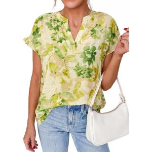 PRETTYGARDEN Womens Floral Print Short Sleeve Summer Tops 2026 Trendy V Neck Loose Boho Shirts Casual Work Blouses(Green)