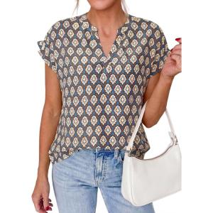 PRETTYGARDEN Womens Floral Print Short Sleeve Summer Tops 2026 Trendy V Neck Loose Boho Shirts Casual Work Blouses(Grey Blue)