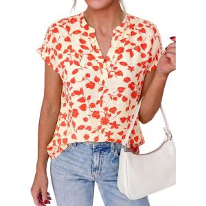 PRETTYGARDEN Womens Floral Print Short Sleeve Summer Tops 2026 Trendy V Neck Loose Boho Shirts Casual Work Blouses(Light Apricot Orange Flower)