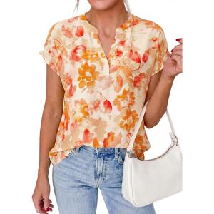 PRETTYGARDEN Womens Floral Print Short Sleeve Summer Tops 2026 Trendy V Neck Loose Boho Shirts Casual Work Blouses(Orange)